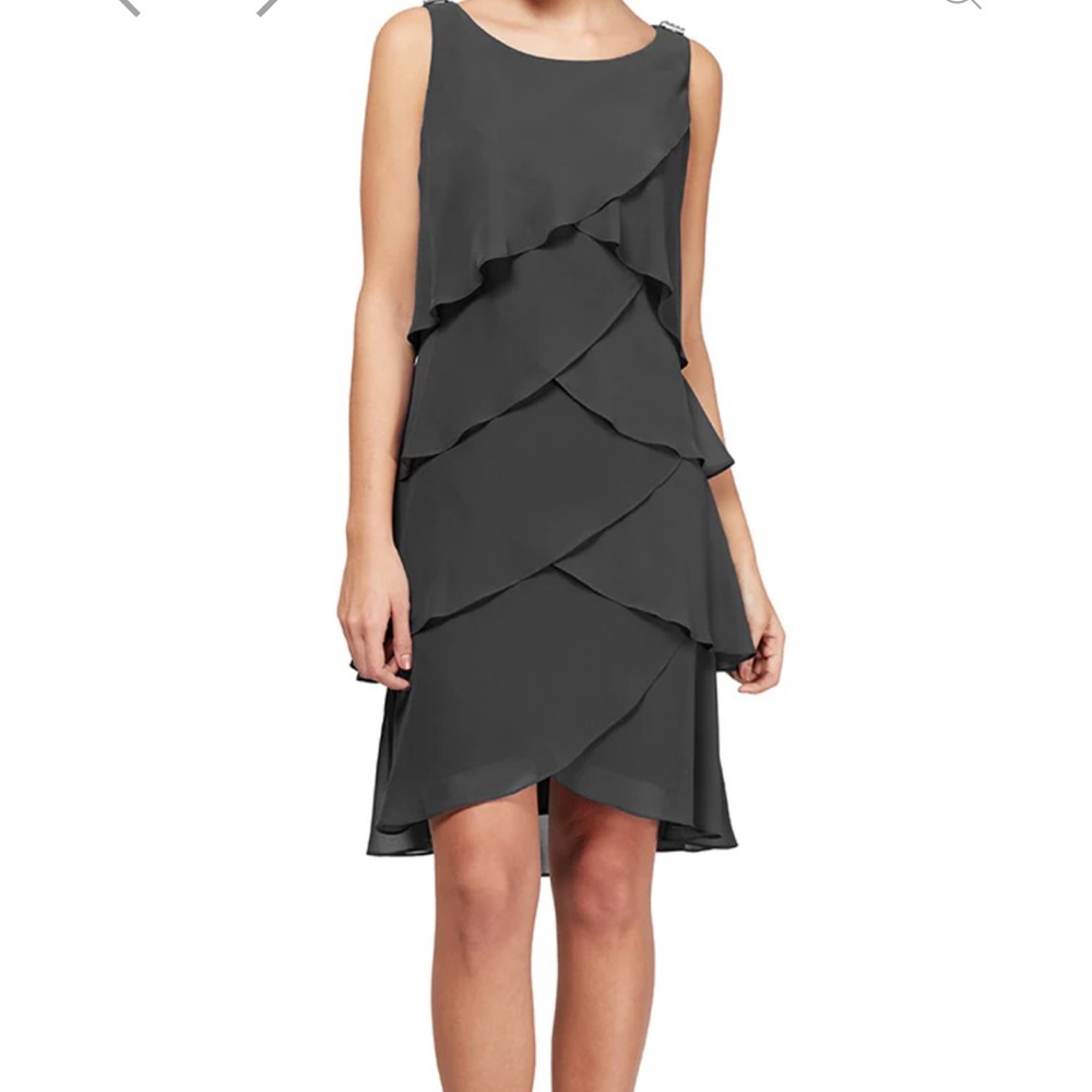 SLNY Tulip Tiered Chiffon Cocktail Dress with Barrel Pins. Size 14